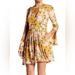 Free People Pink Yellow Floral Mini Dress Keyhole Neckline